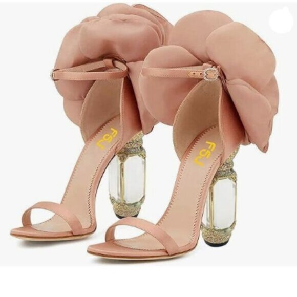 FSJ Nude Open Toe Stylish Sandal Ankle Strap Chunky Block High Thick Heels Shoes - Picture 1 of 8